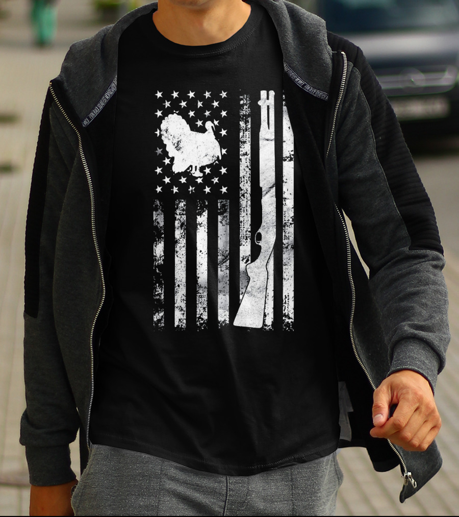 Turkey Hunting American Flag With Rifle And Stars T-Shirt