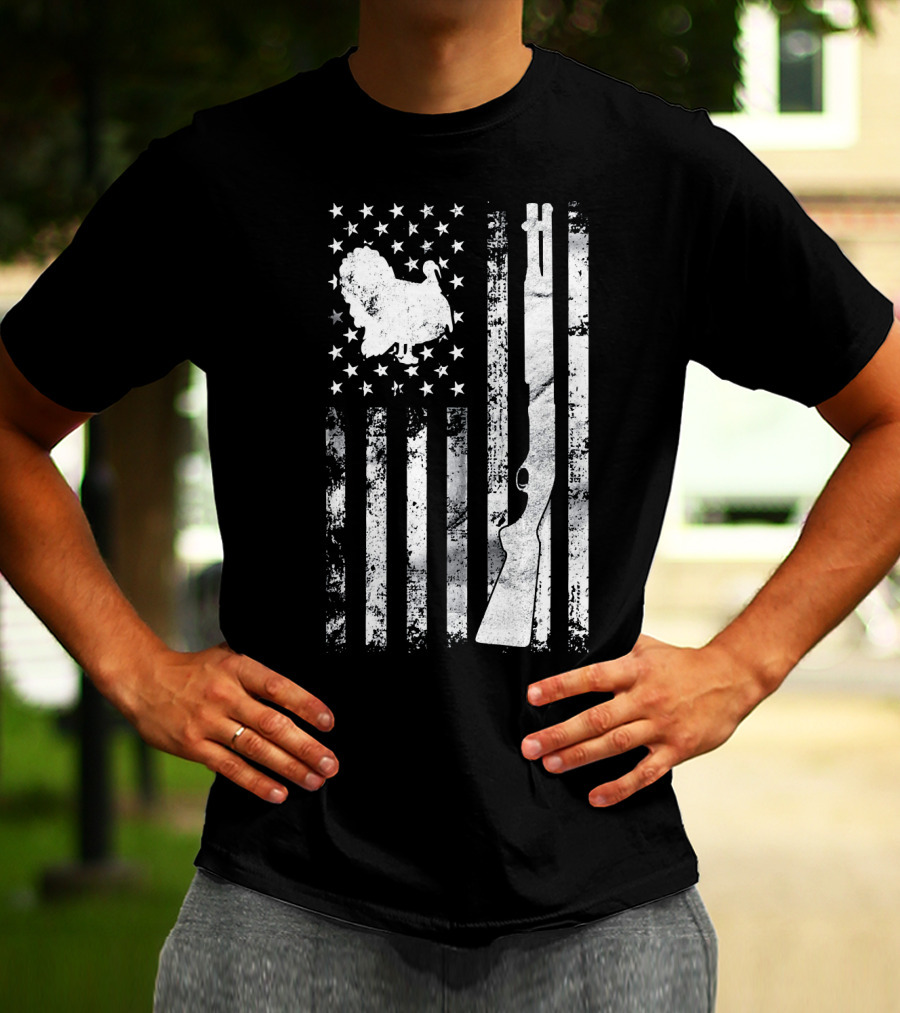 Turkey Hunting American Flag With Rifle And Stars T-Shirt
