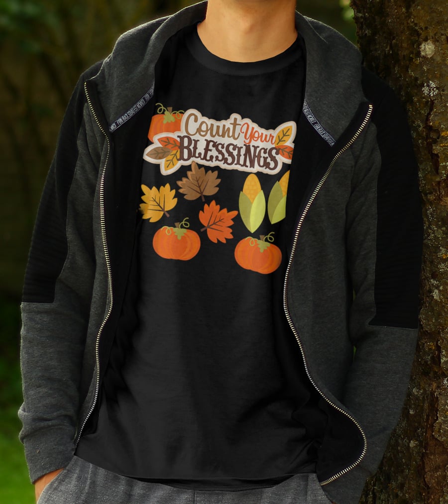 Count Your Blessings Harvest Fall Thanks Autumn Leaves Pumpkins Corn T-Shirt