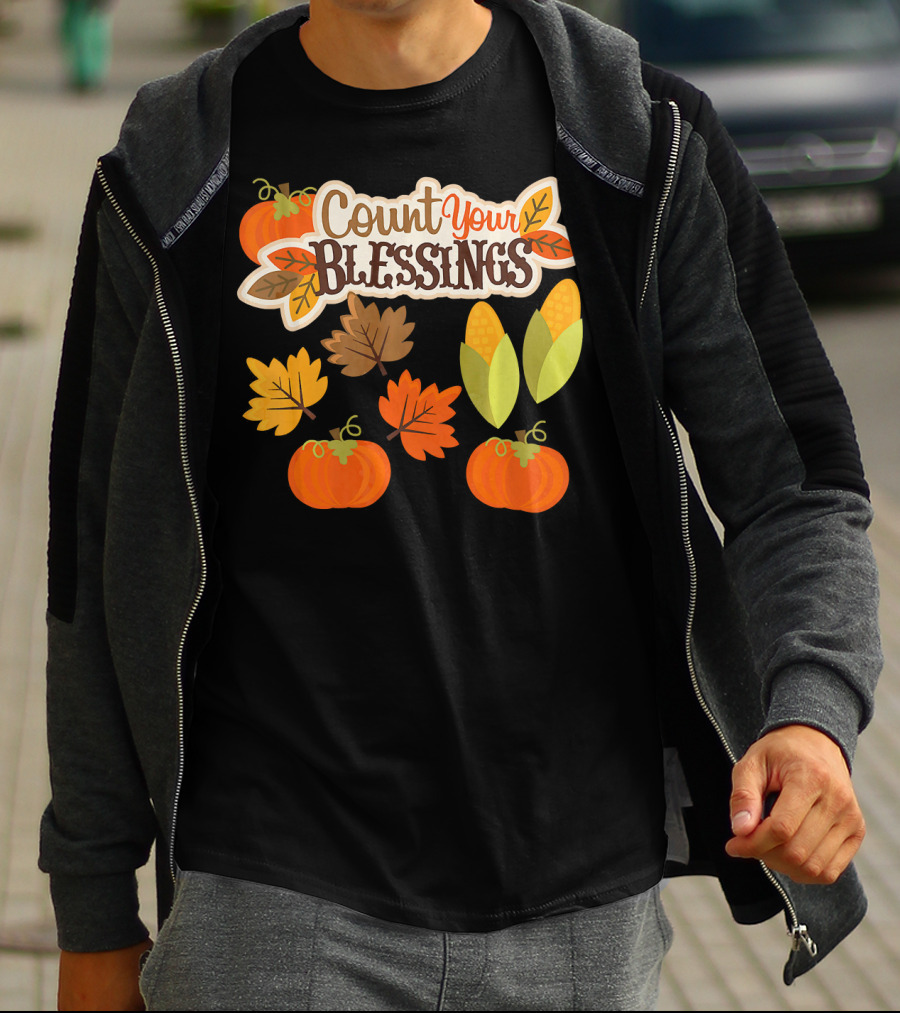 Count Your Blessings Harvest Fall Thanks Autumn Leaves Pumpkins Corn T-Shirt
