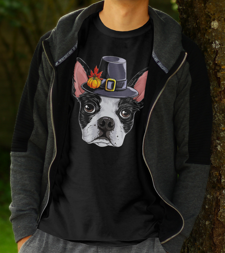 Thanksgiving Bo Boston Terrier In Pilgrim Hat With Pumpkin And Leaves T-Shirt