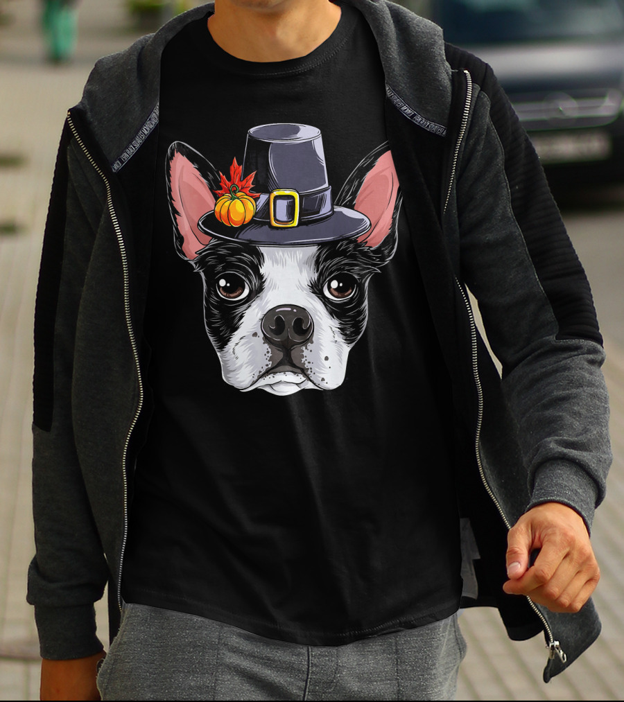 Thanksgiving Bo Boston Terrier In Pilgrim Hat With Pumpkin And Leaves T-Shirt
