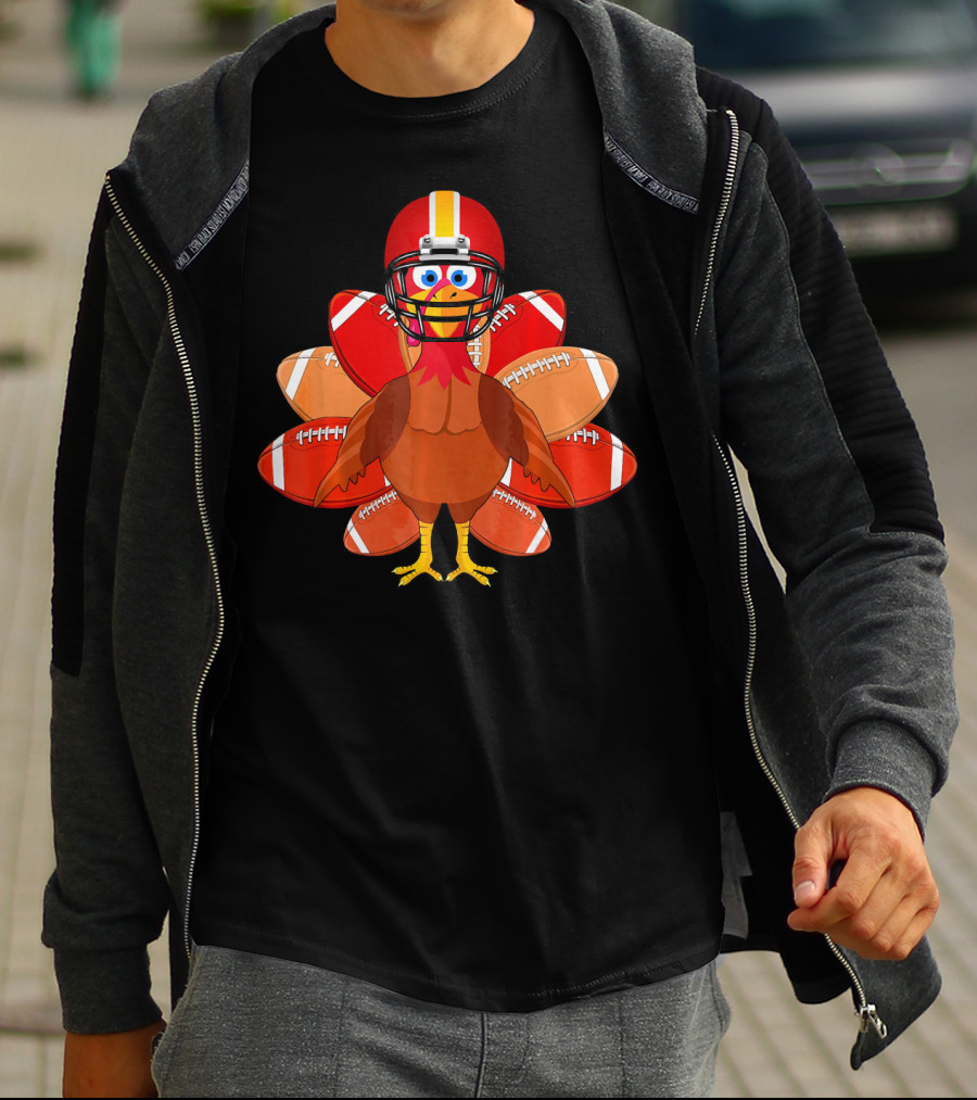 Turkey With Football Helmet Thankful Thanksgiving Football T-Shirt