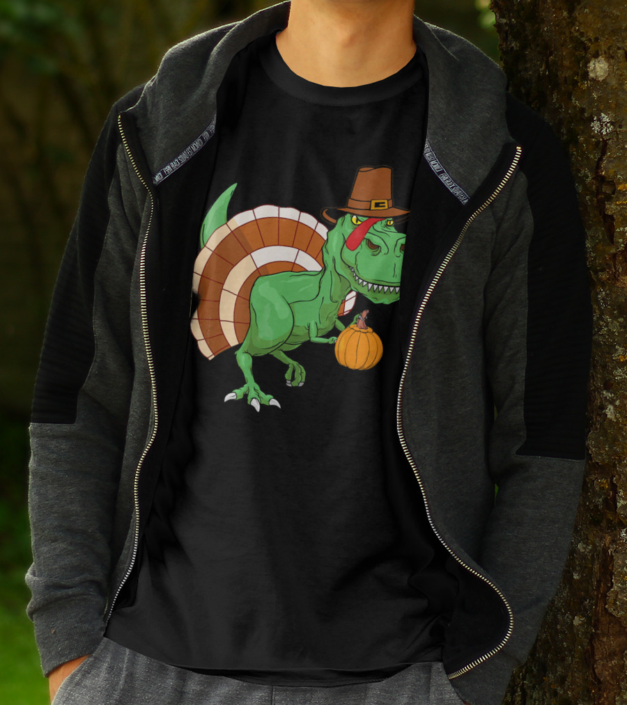 Thanksgiving T-Rex Turkey With Pilgrim Hat And Pumpkin T-Shirt