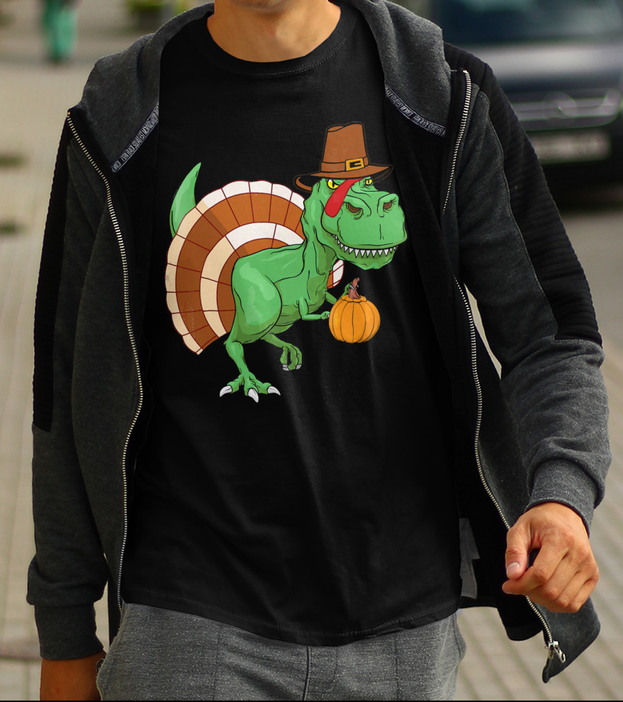 Thanksgiving T-Rex Turkey With Pilgrim Hat And Pumpkin T-Shirt