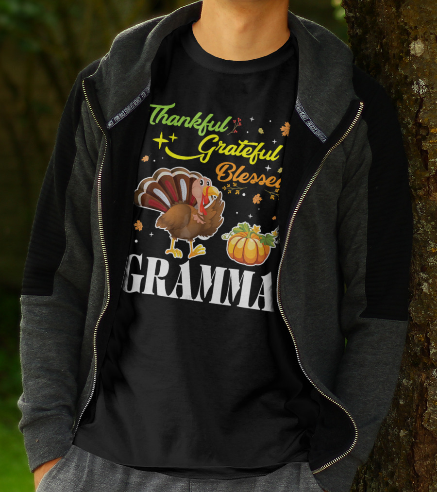 Thankful Grateful Blessed Gramma Turkey Pumpkin Thanksgiving Fall Leaves T-Shirt