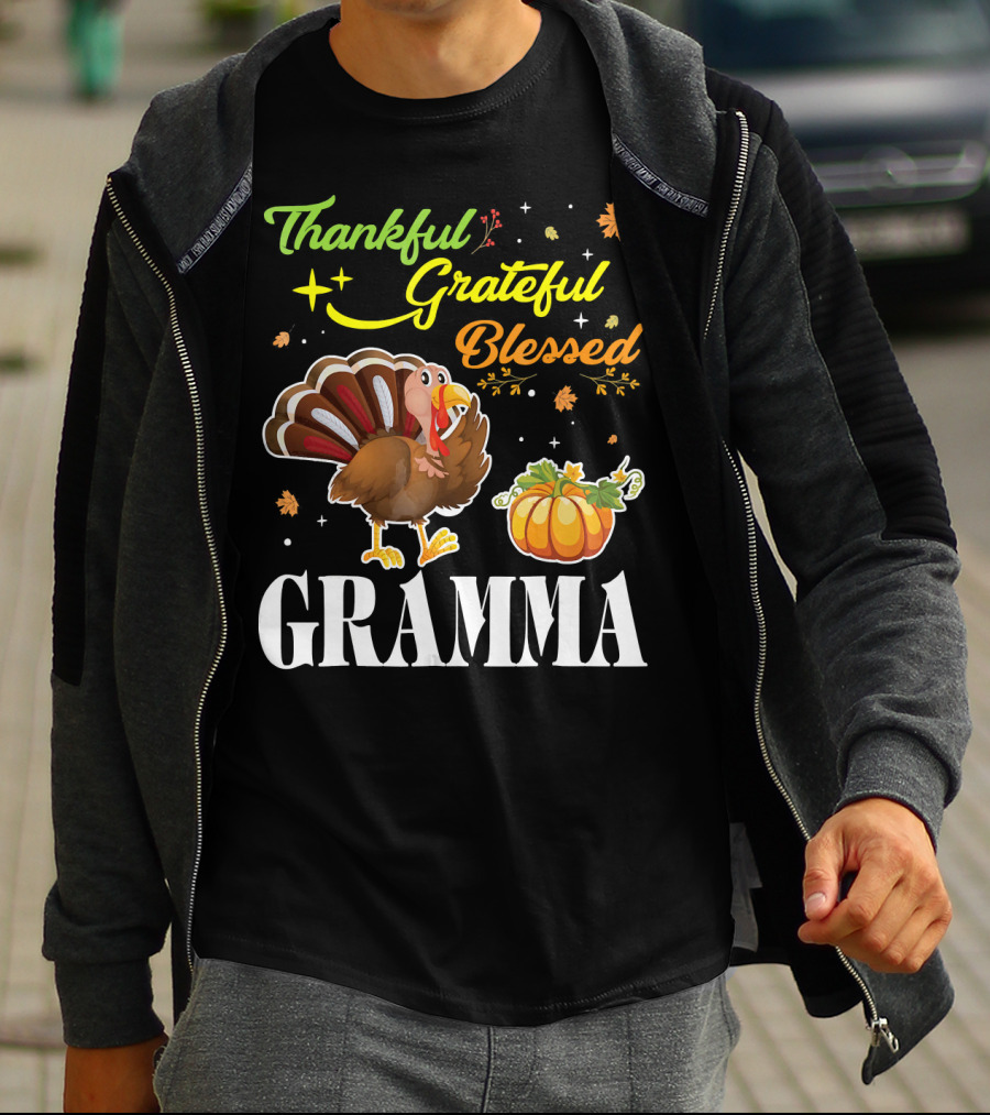 Thankful Grateful Blessed Gramma Turkey Pumpkin Thanksgiving Fall Leaves T-Shirt