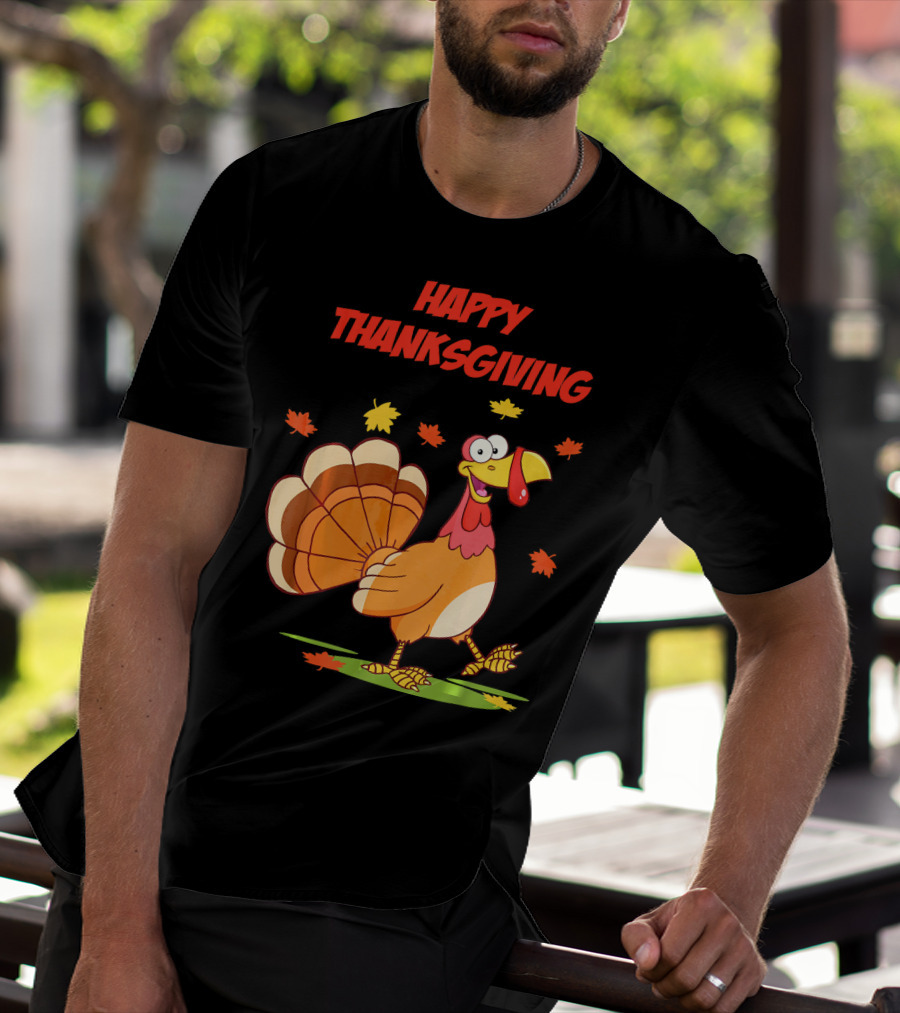 Happy Thanksgiving Funny Turkey Festive Cartoon With Falling Leaves T-Shirt