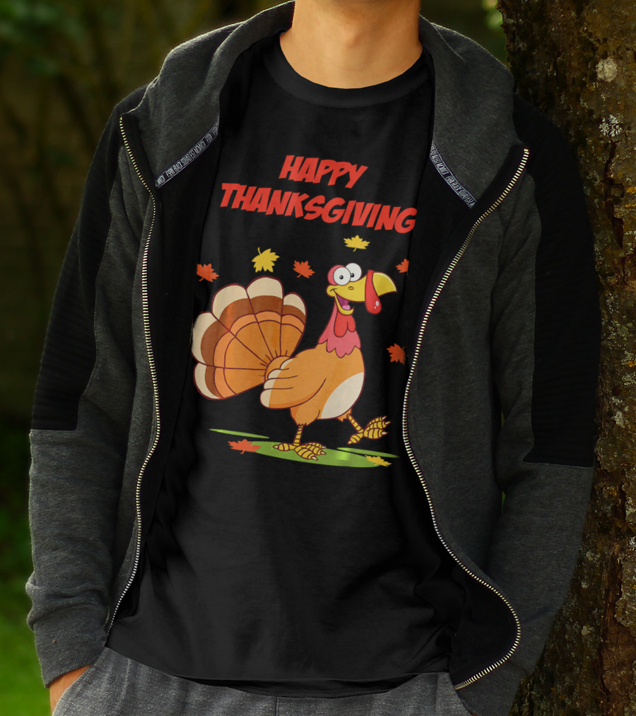 Happy Thanksgiving Funny Turkey Festive Cartoon With Falling Leaves T-Shirt