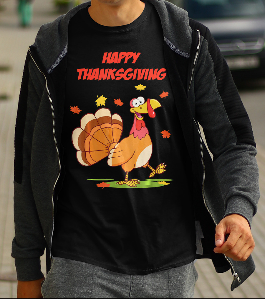 Happy Thanksgiving Funny Turkey Festive Cartoon With Falling Leaves T-Shirt