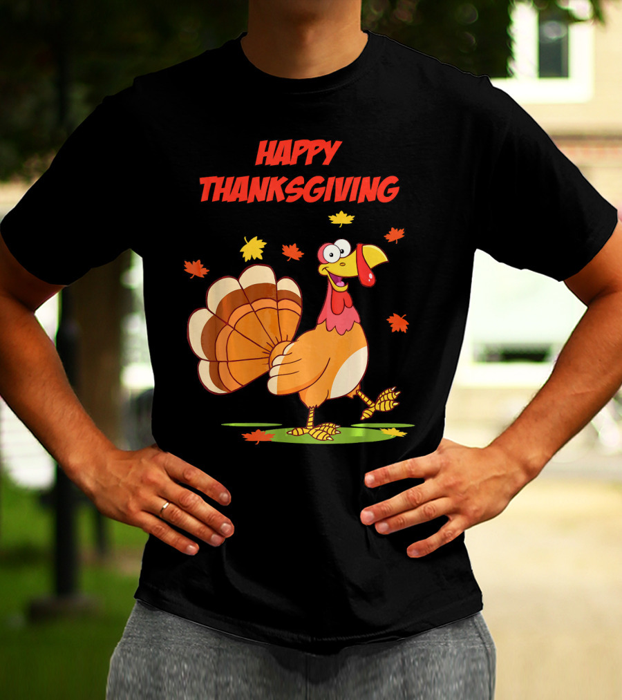 Happy Thanksgiving Funny Turkey Festive Cartoon With Falling Leaves T-Shirt