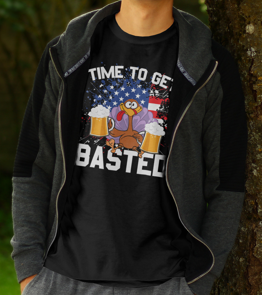 Time To Get Basted Thanksgiving Turkey With Beers And American Flag T-Shirt