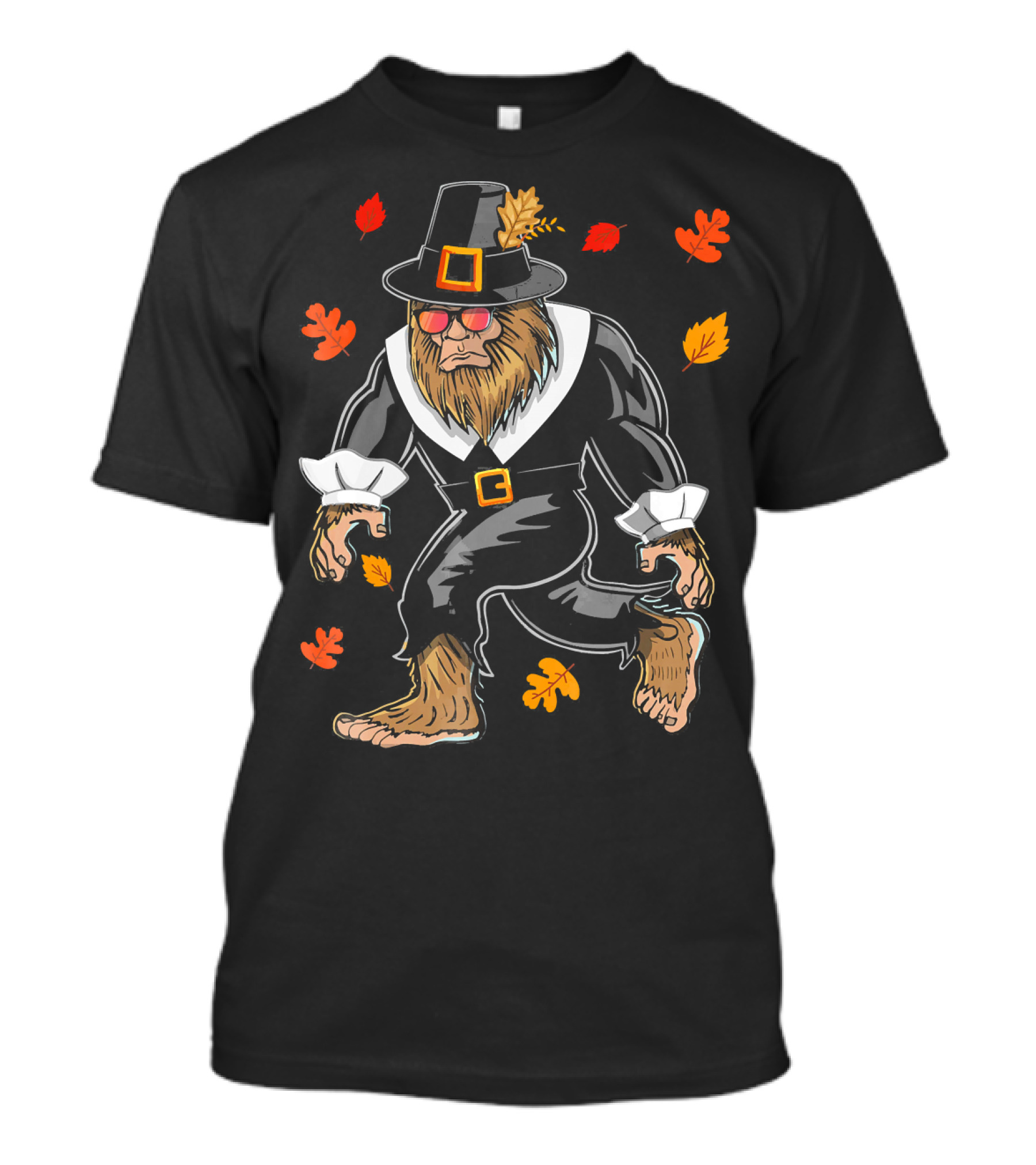 Thanksgiving Pilgrim Bigfoot Sasquatch With Autumn Leaves T-Shirt
