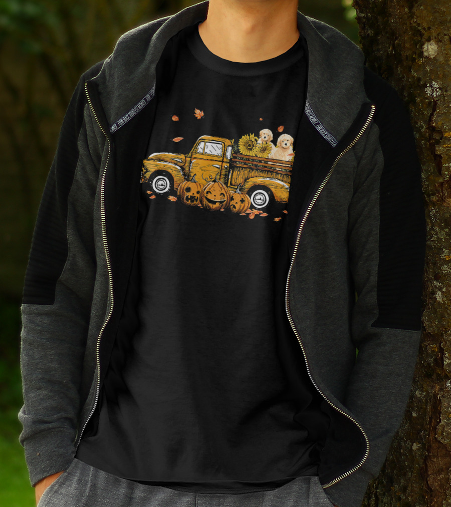 Pumpkin Truck With Sunflowers And Dogs Halloween Scene T-Shirt
