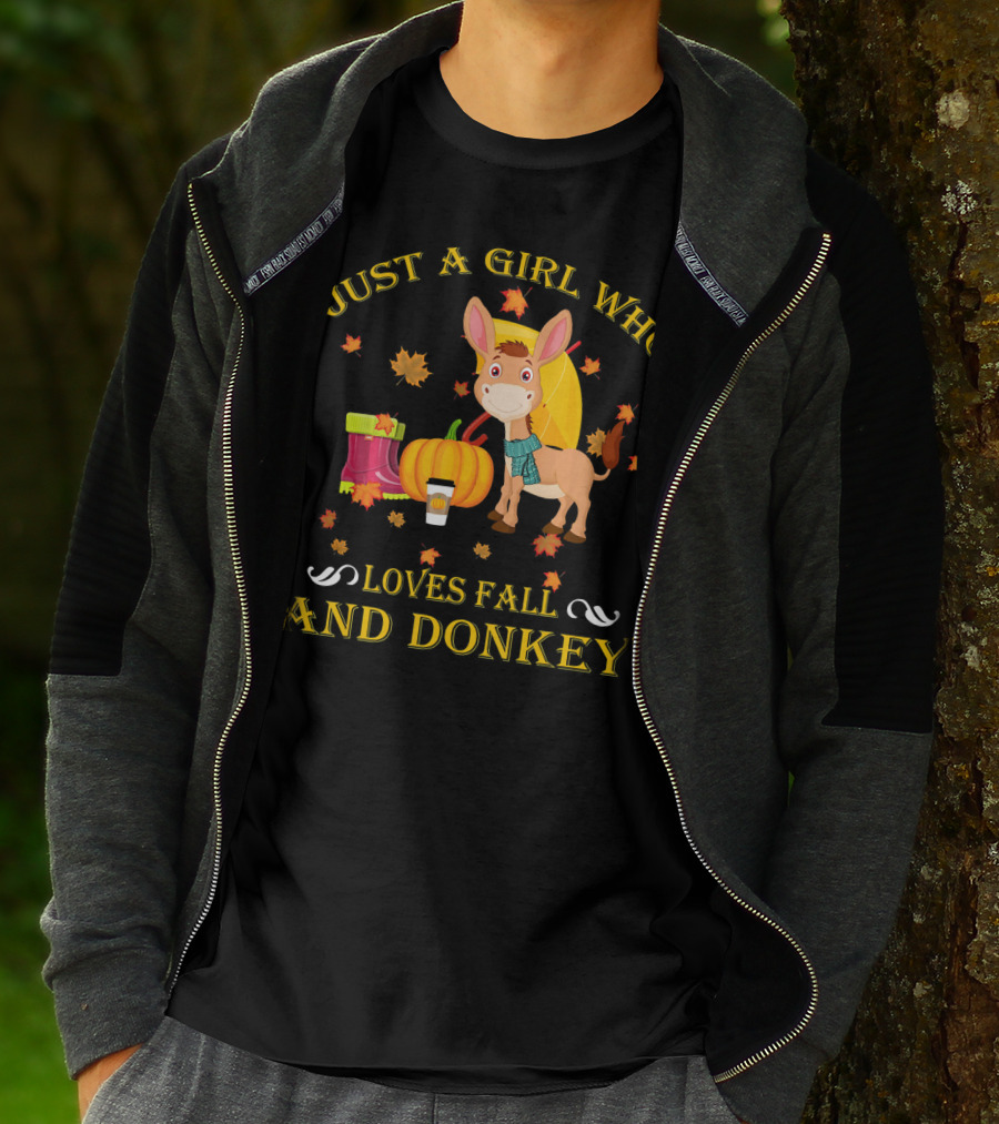 Just A Girl Who Loves Fall And Donkey Autumn Leaves Pumpkins And Boots T-Shirt
