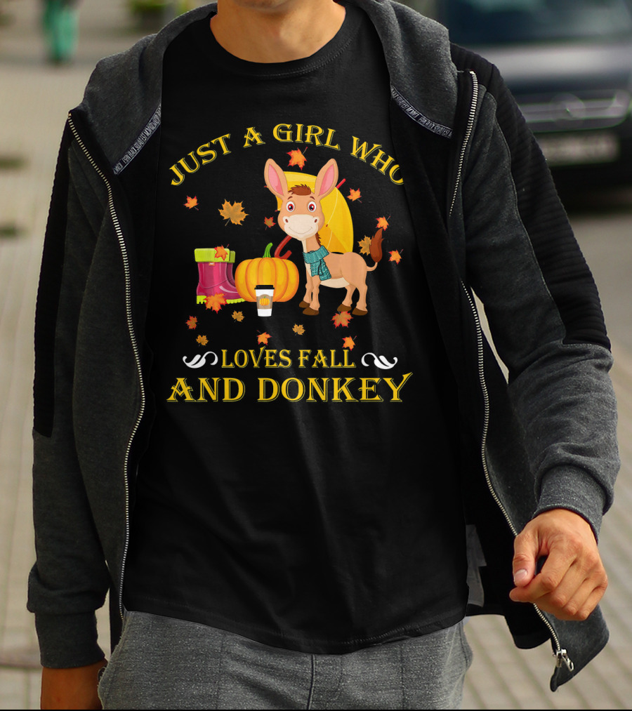 Just A Girl Who Loves Fall And Donkey Autumn Leaves Pumpkins And Boots T-Shirt