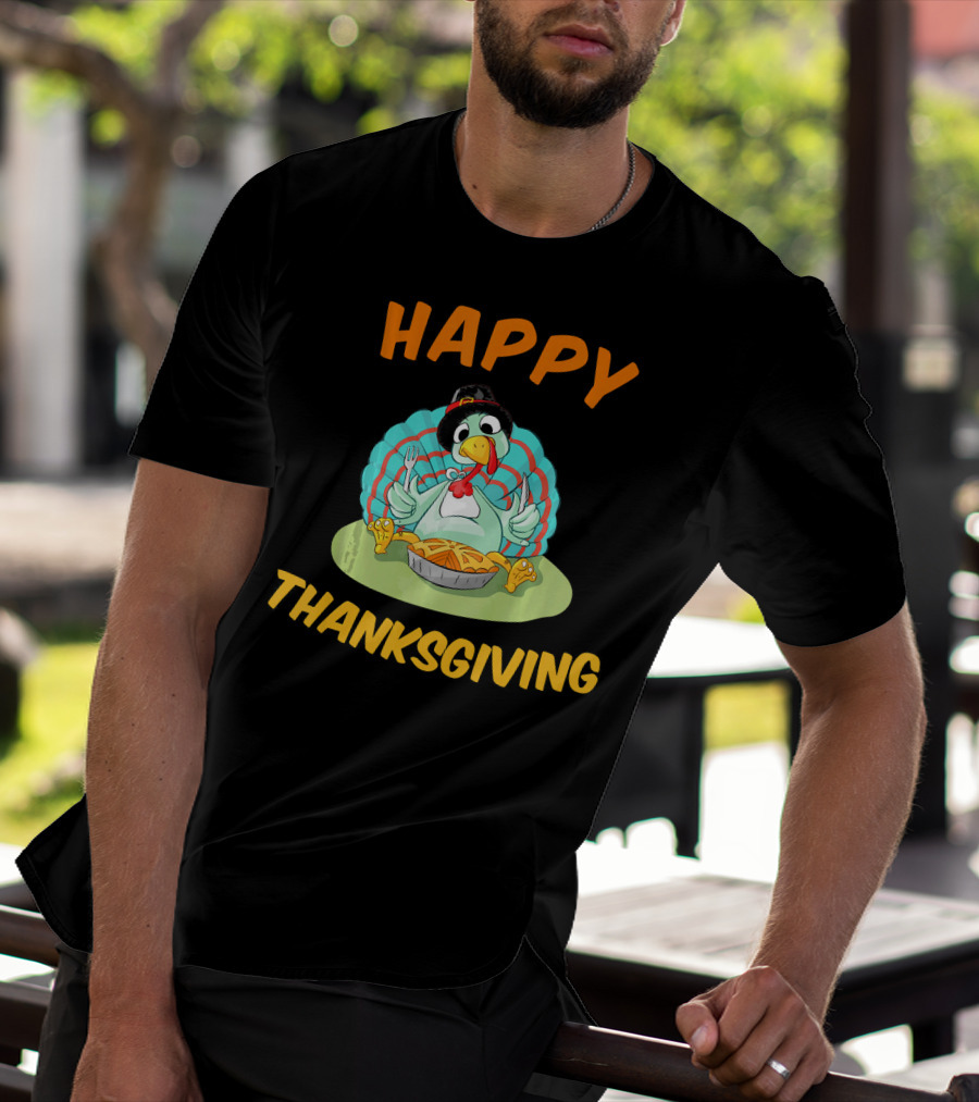 Happy Thanksgiving Funny Turkey Day Turkey Eating Pie T-Shirt