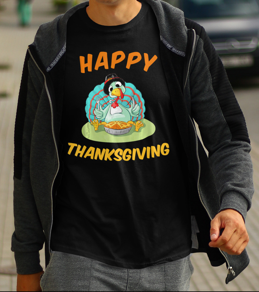 Happy Thanksgiving Funny Turkey Day Turkey Eating Pie T-Shirt