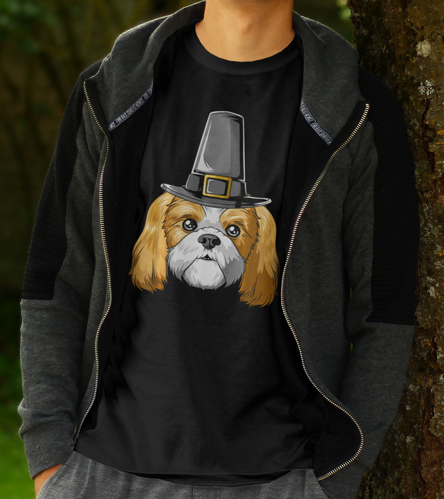Shih Tzu Wearing Pilgrim Hat Thanksgiving T-Shirt