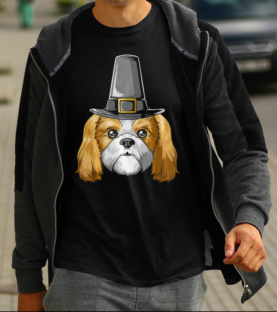 Shih Tzu Wearing Pilgrim Hat Thanksgiving T-Shirt