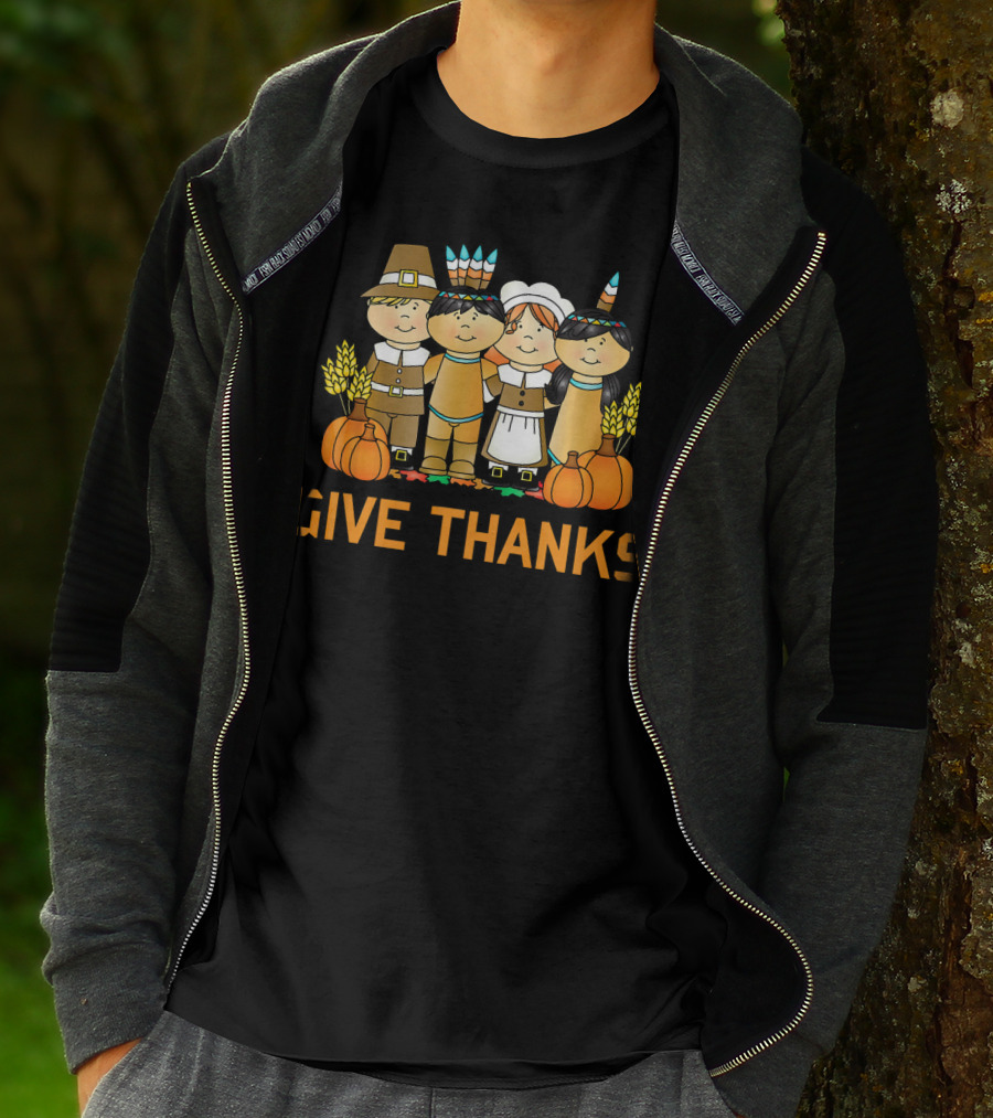 Give Thanks Pumpkin Harvest Pilgrim Native American T-Shirt