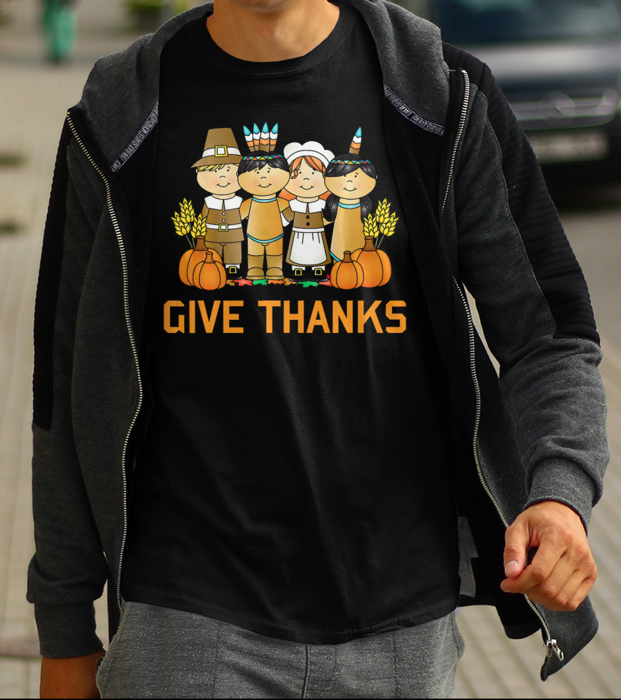 Give Thanks Pumpkin Harvest Pilgrim Native American T-Shirt