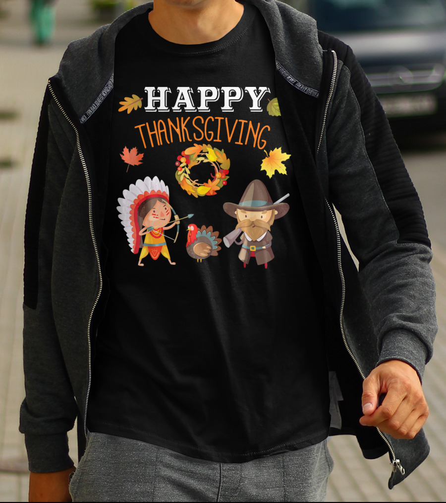 Thanksgiving Celebration With Native American And Pilgrim Turkey T-Shirt