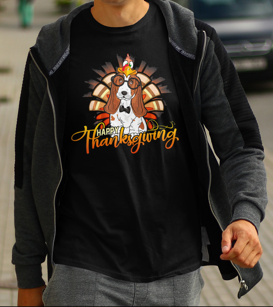 Happy Thanksgiving Basset Hound With Turkey Hat T-Shirt