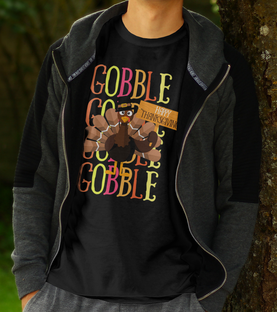 Gobble Gobble Happy Thanksgiving Turkey Pilgrim T-Shirt