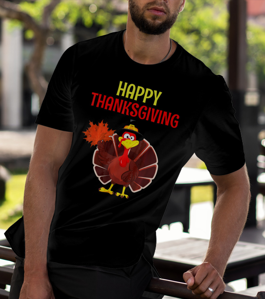 HAPPY THANKSGIVING Turkey Holding Leaf T-Shirt