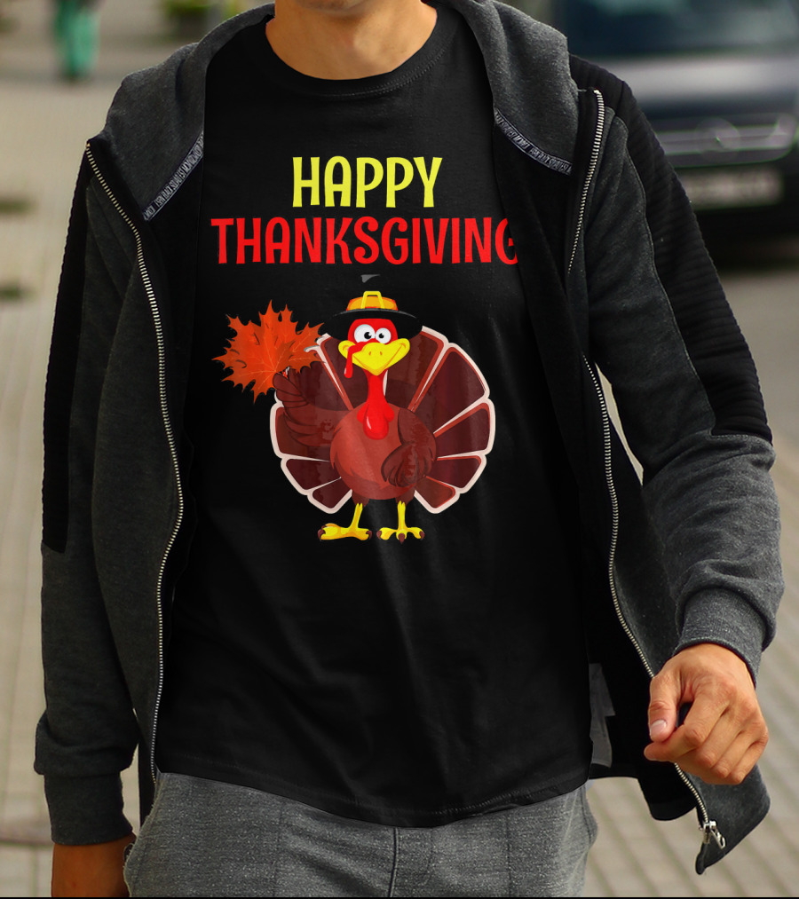 HAPPY THANKSGIVING Turkey Holding Leaf T-Shirt