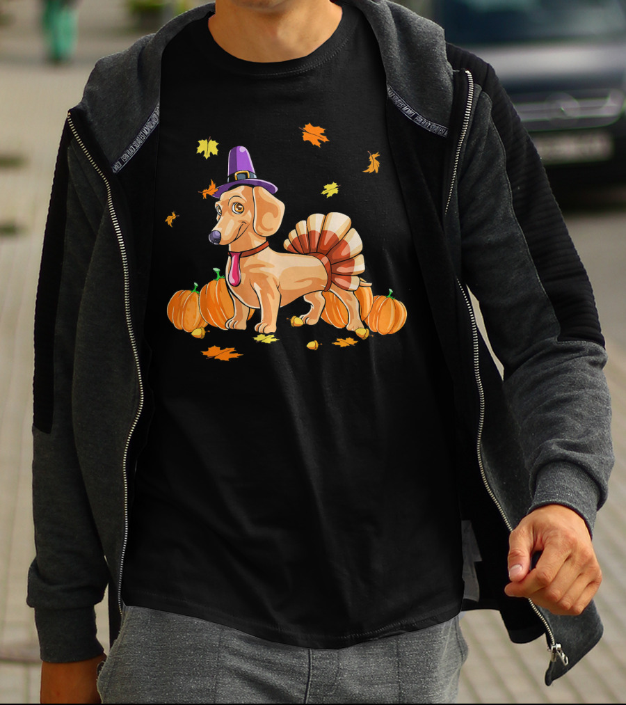 Happy Thanksgiving Dachshund Dressed As Turkey With Pumpkins And Fall Leaves T-Shirt