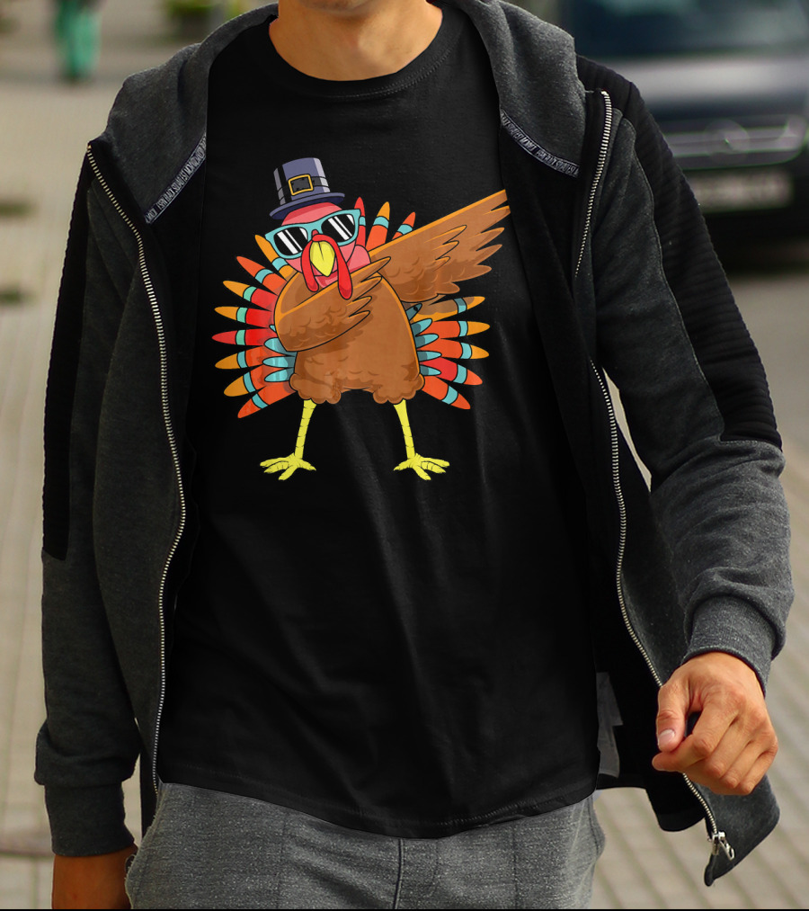 Funny Dabbing Turkey Dab Thanksgiving Bo Thanksgiving Turkey Dab Pilgrim Hat Sunglasses T-Shirt