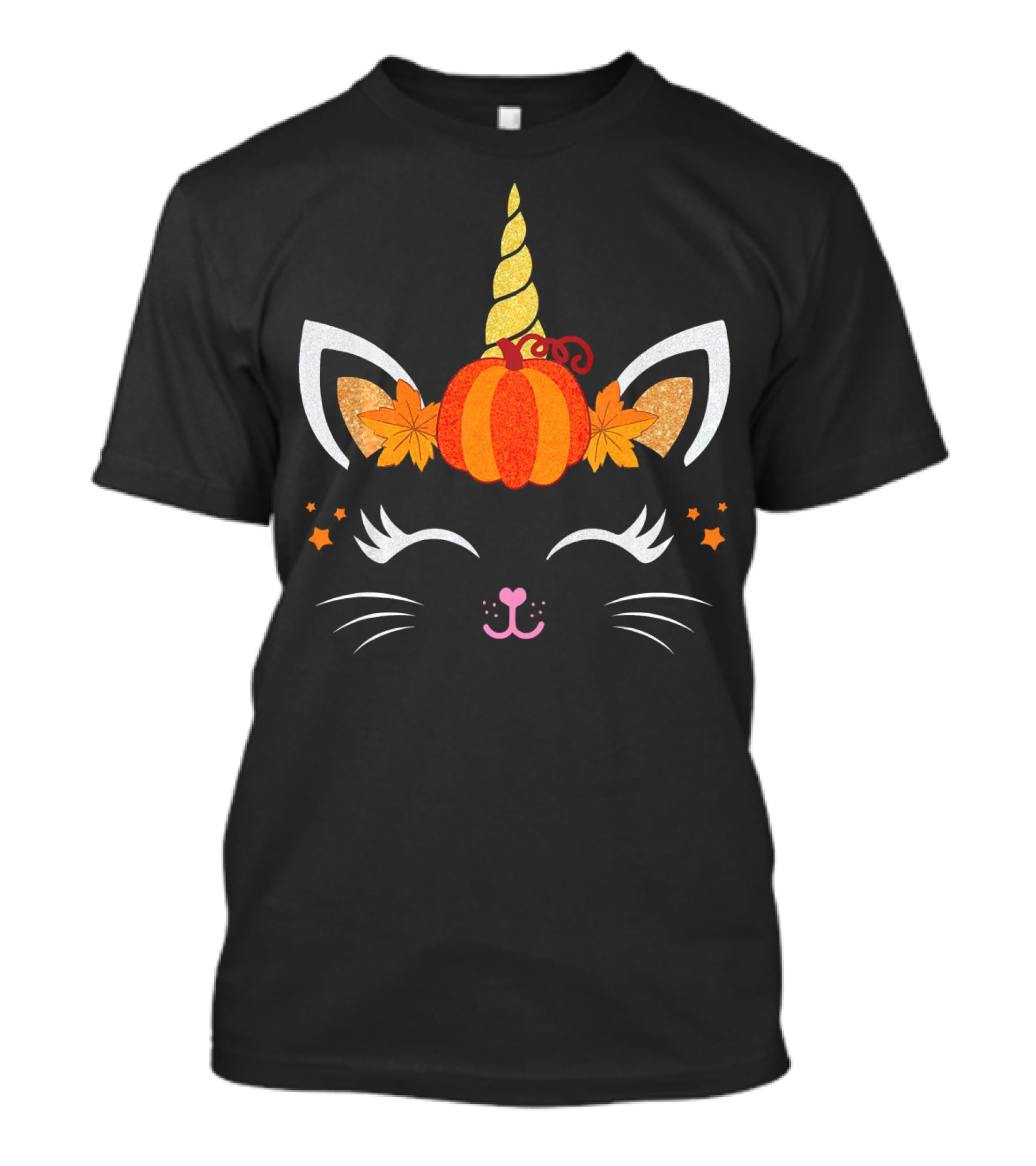 Unicorn Cat Pumpkin Autumn Leaf Face With Stars Fal T-Shirt