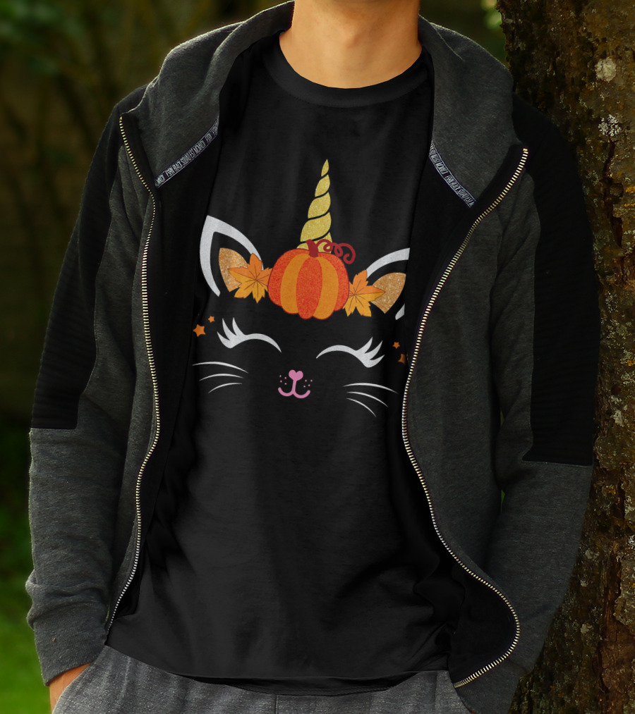 Unicorn Cat Pumpkin Autumn Leaf Face With Stars Fal T-Shirt