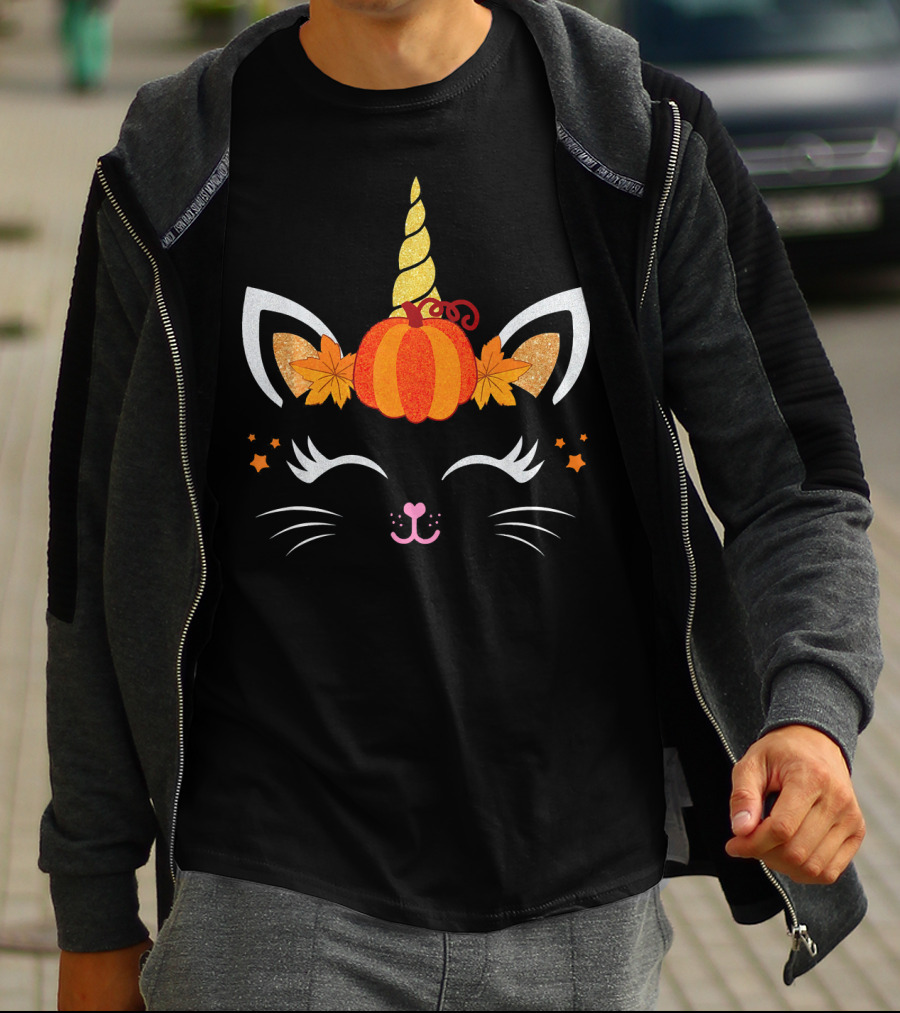Unicorn Cat Pumpkin Autumn Leaf Face With Stars Fal T-Shirt
