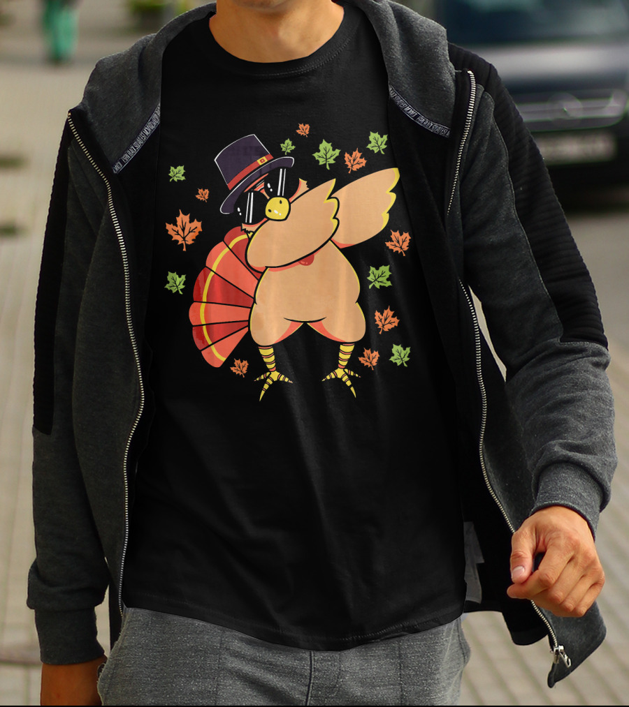 Cute Dabbing Turkey With Sunglasses And Pilgrim Hat Surrounded By Autumn Leaves T-Shirt
