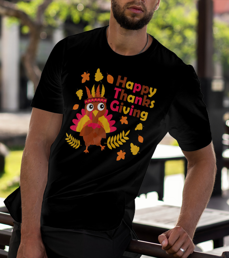 Happy Thanksgiving Cute Turkey With Native American Inspired Details And Autumn Leaves T-Shirt