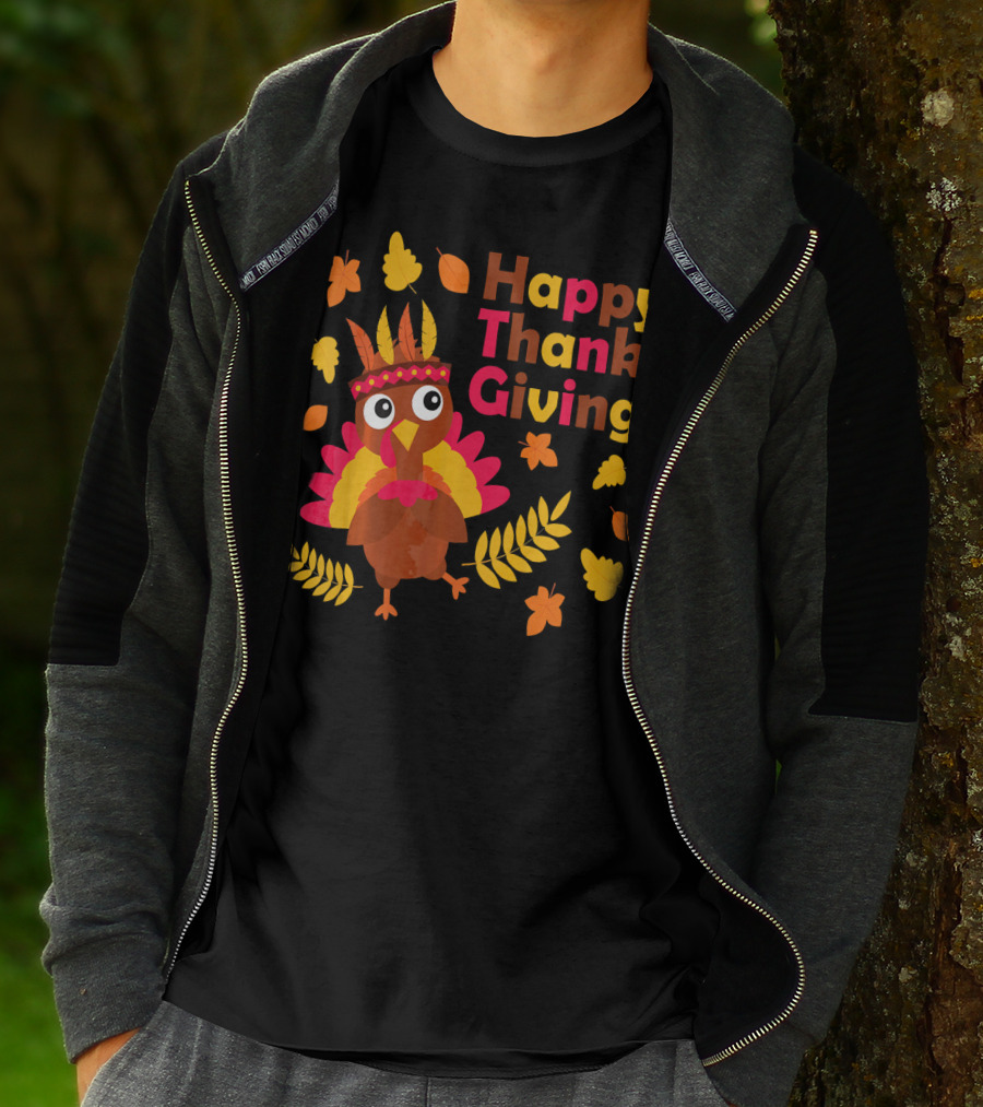 Happy Thanksgiving Cute Turkey With Native American Inspired Details And Autumn Leaves T-Shirt