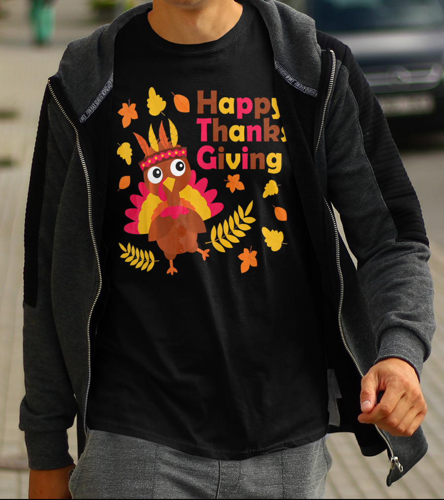 Happy Thanksgiving Cute Turkey With Native American Inspired Details And Autumn Leaves T-Shirt