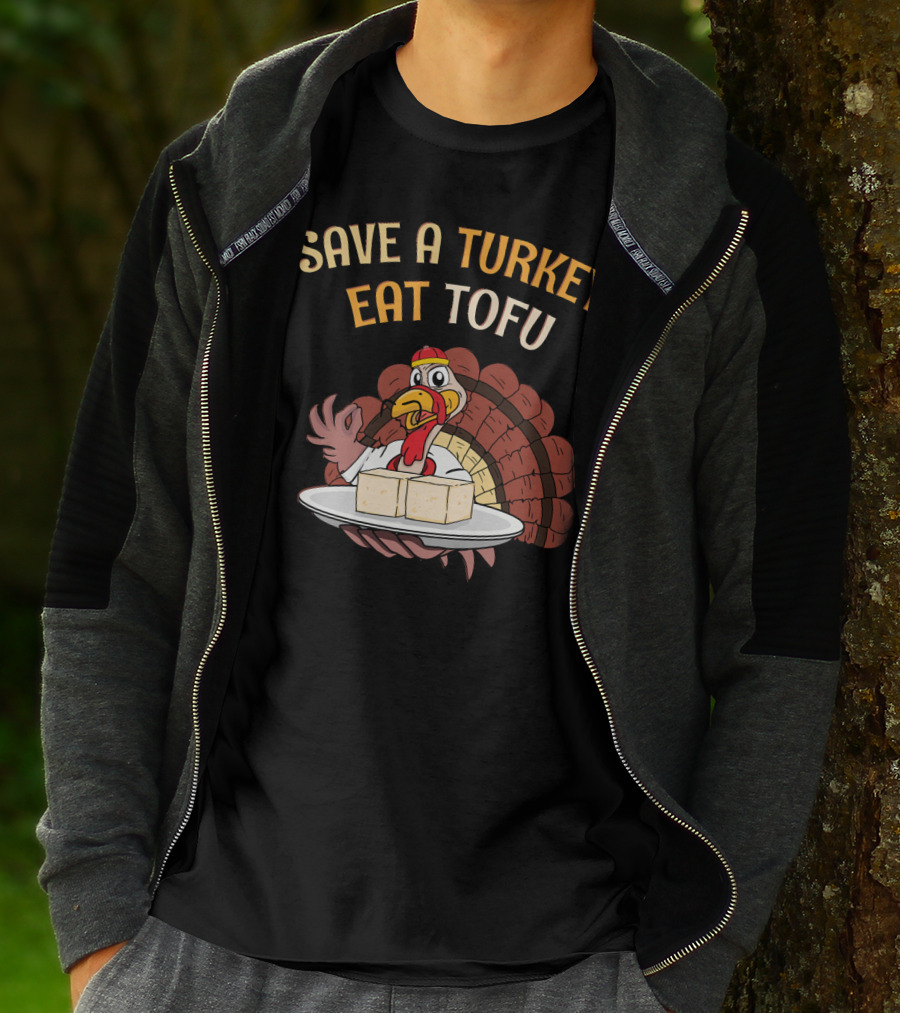 Save A Turkey Eat Tofu Thanksgiving Cartoon Turkey With Tofu Plate T-Shirt