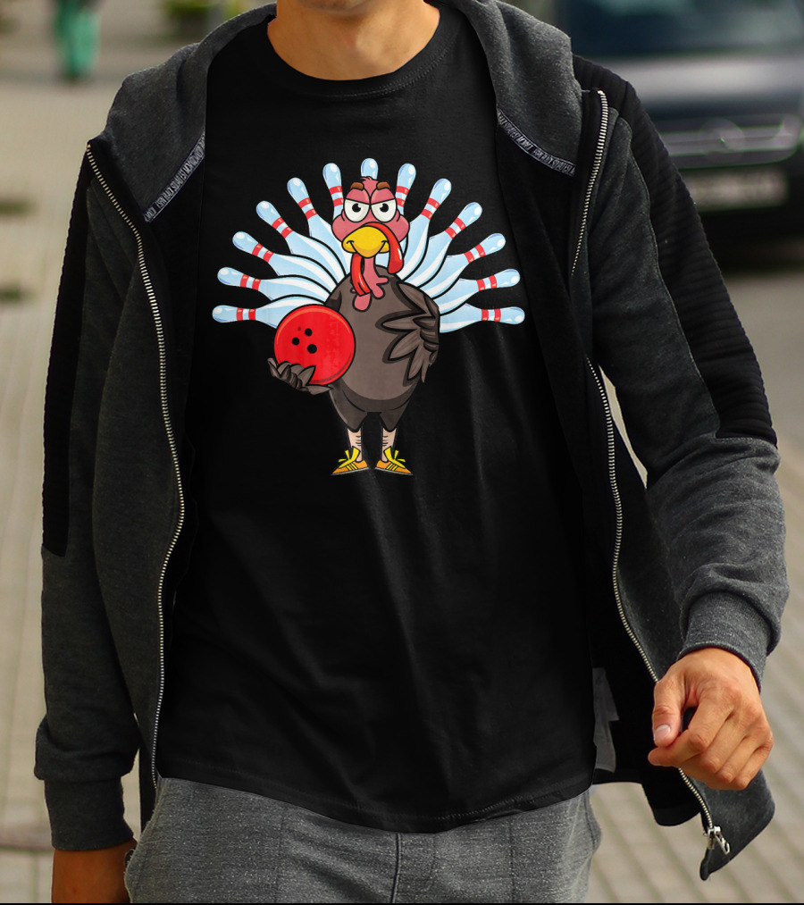 Thanksgiving Turkey Holding Bowling Ball With Pin Feathers T-Shirt