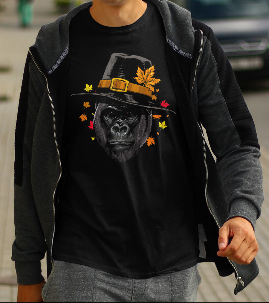 Thanksgiving Gorilla In Pilgrim Hat With Autumn Leaves T-Shirt