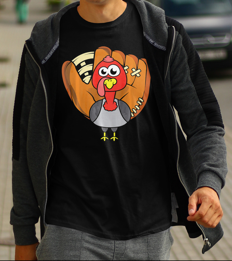 Turkey Day Cute Thanksgiving Boys Turkey With Baseball Glove T-Shirt
