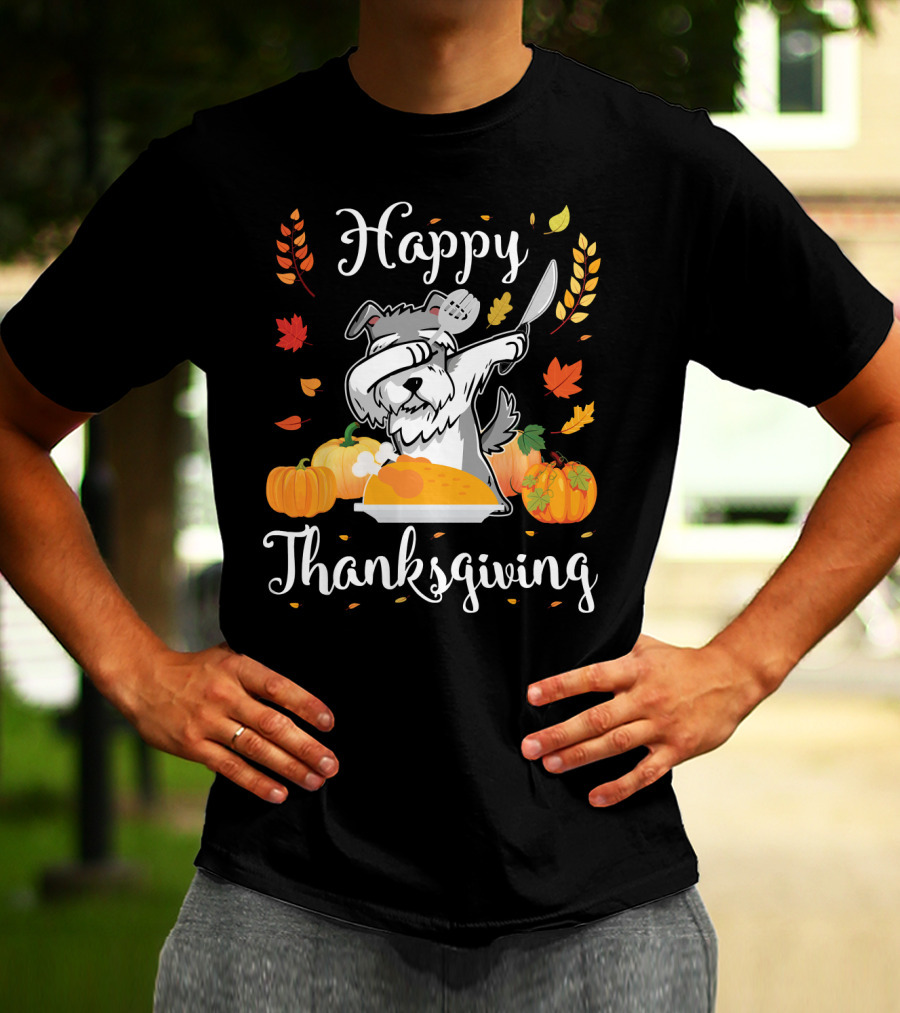 Happy Thanksgiving Schnauzer Dabbing With Turkey And Pumpkins T-Shirt