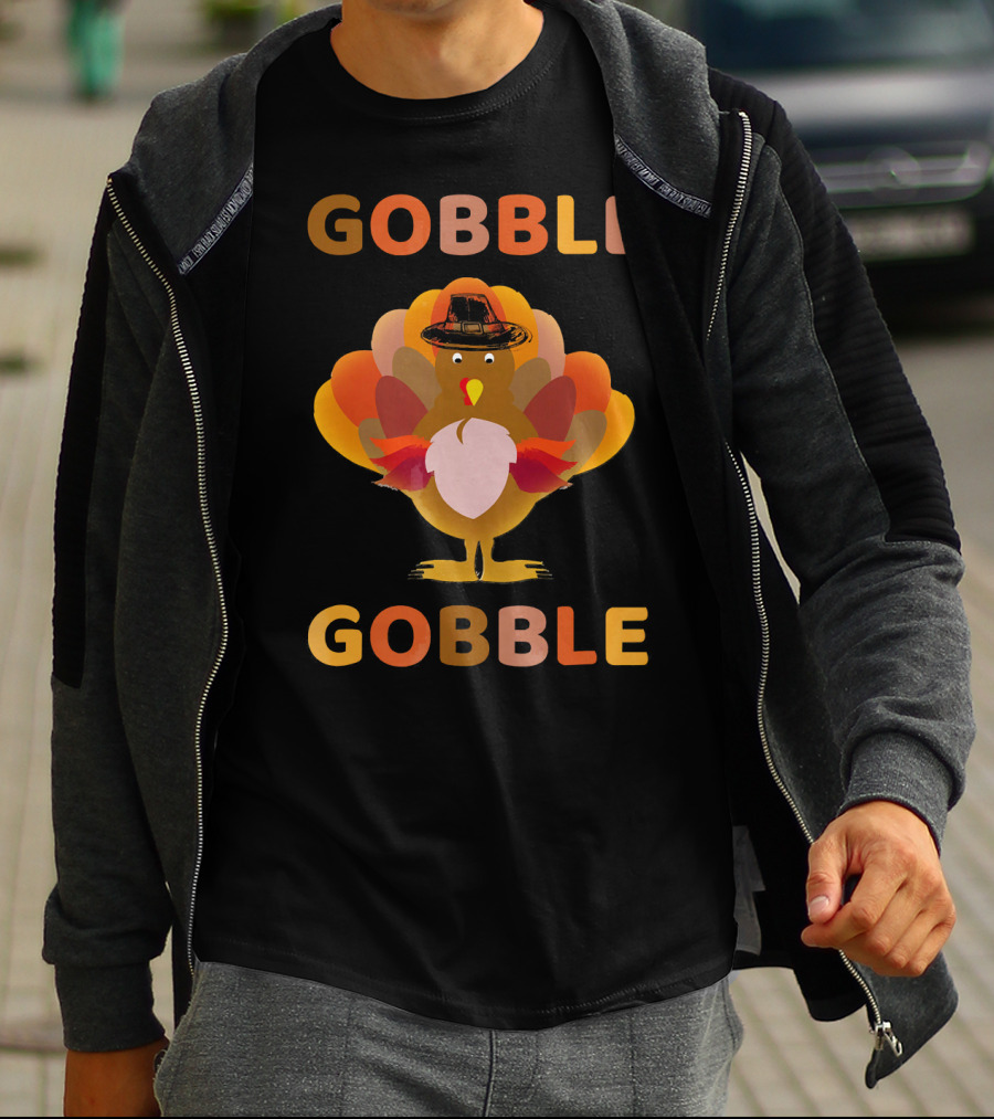 Gobble Gobble Thanksgiving Turkey With Pilgrim Hat T-Shirt