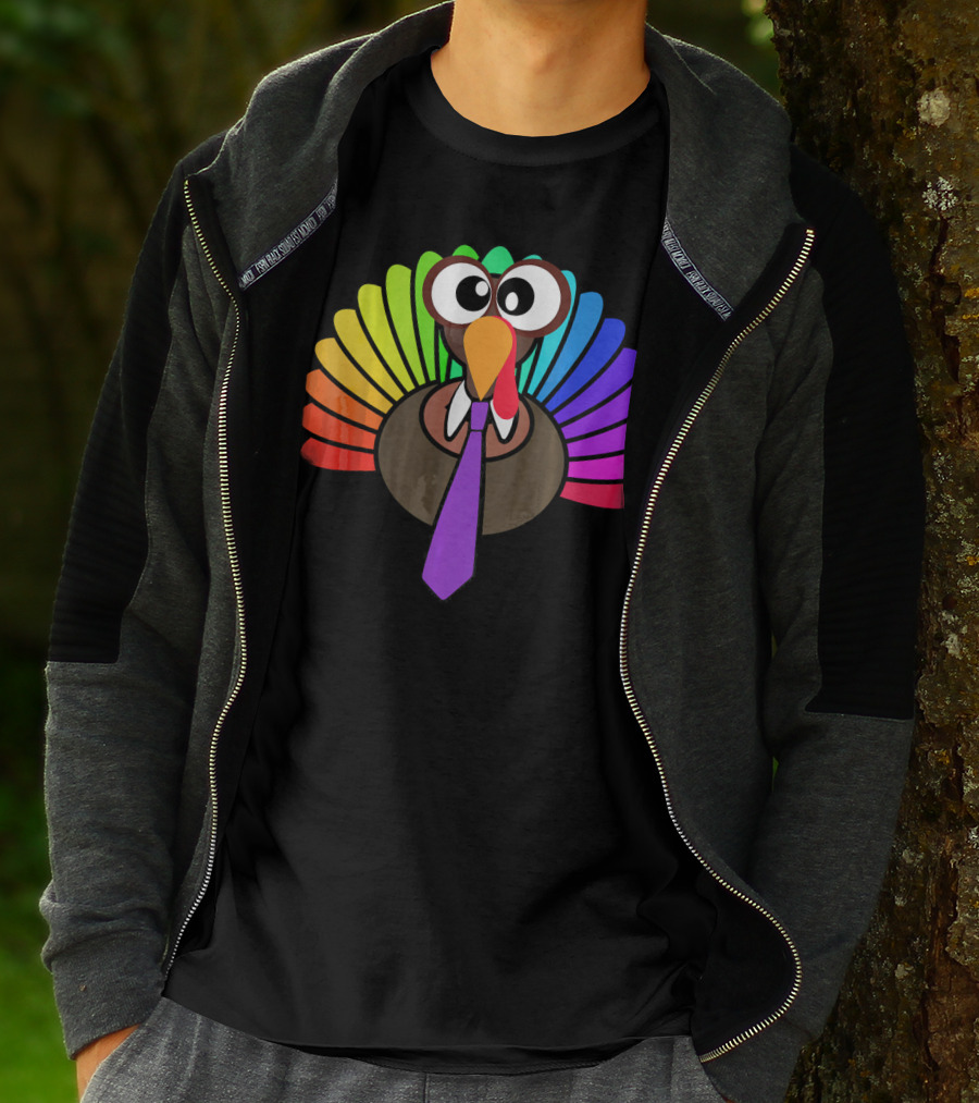 Turkey Face Tie Thanksgiving Colorful Feathers T-Shirt
