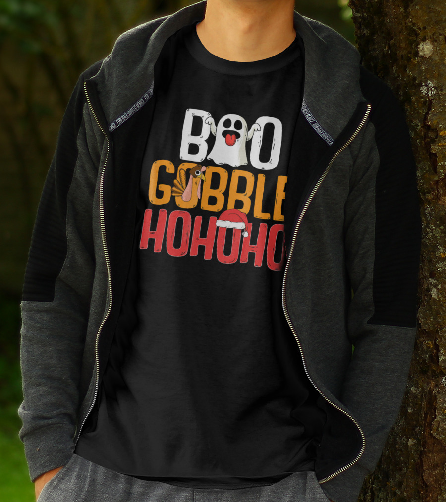 BOO GOBBLE HOHOHO Ghost Turkey Santa Hat T-Shirt