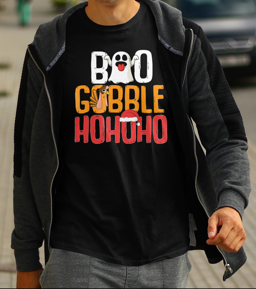 BOO GOBBLE HOHOHO Ghost Turkey Santa Hat T-Shirt