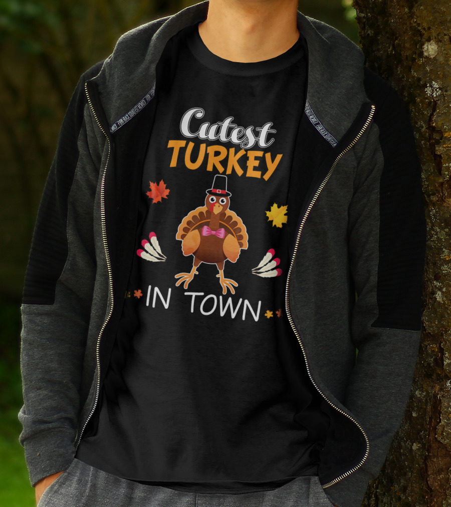 Cutest Turkey In Town Cute Turkey Fall Leaves Bowtie T-Shirt